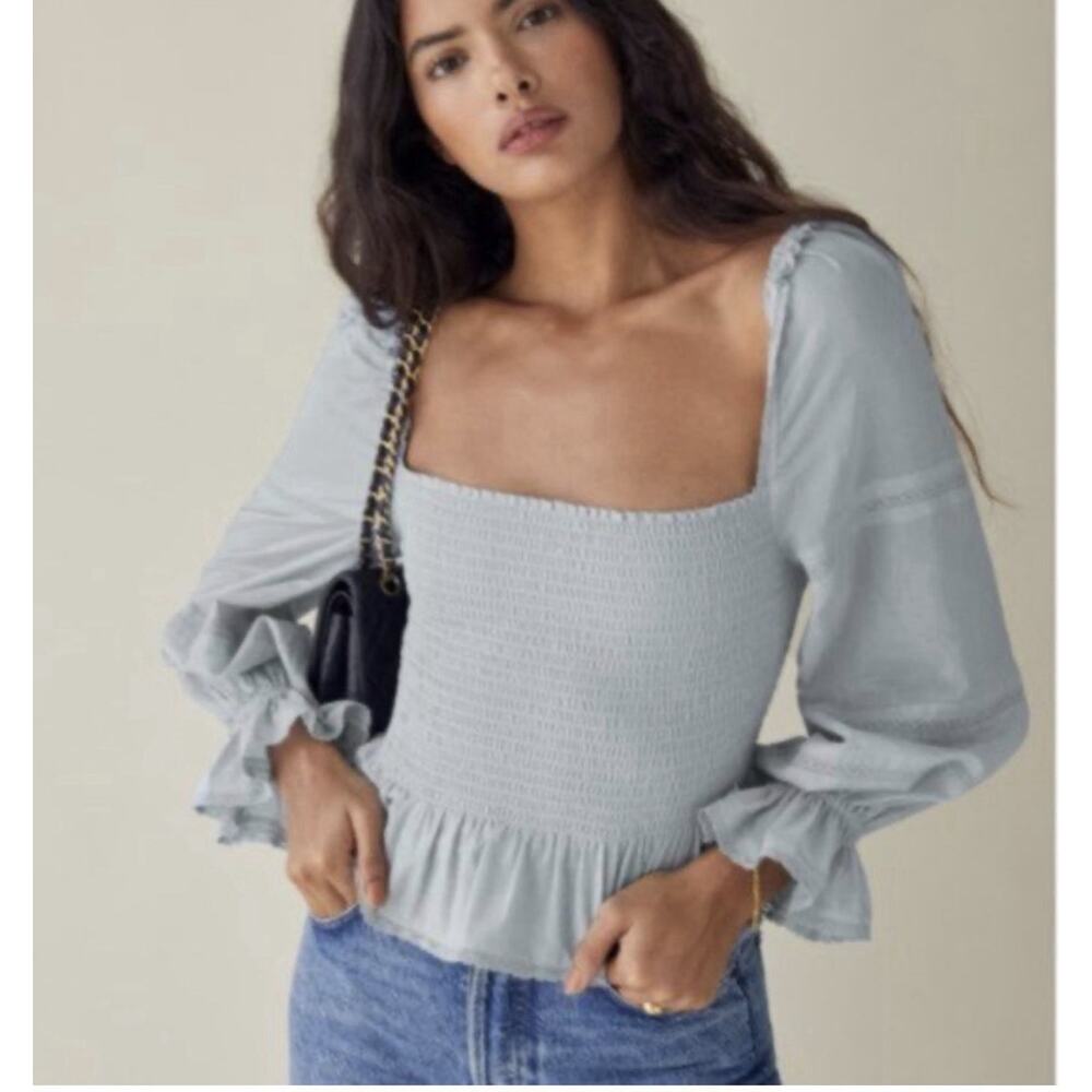 Reformation Roland‎ XS blue Mineral Square Neck Smocked Ruffle Peasant Blouse
